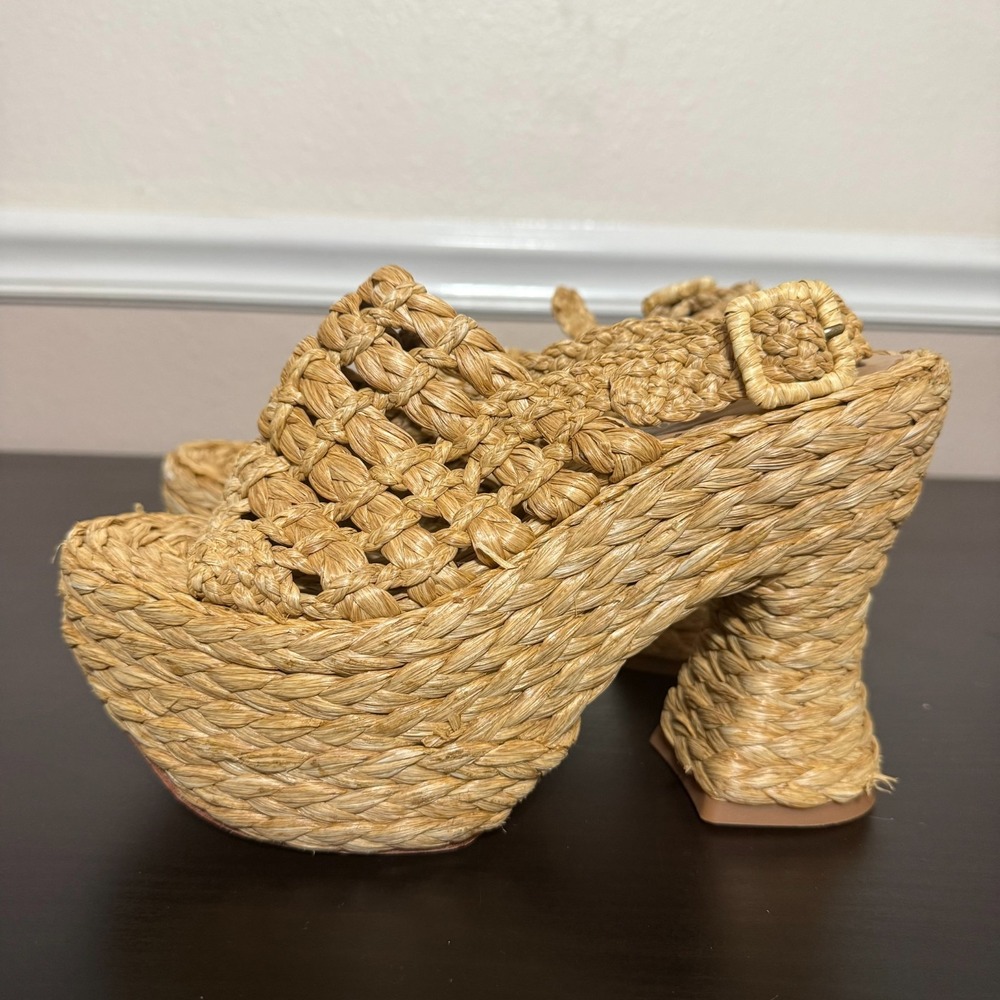 Paloma Barcelo Bruna Raffia‎ Platform Sandals Women's 6 37 Buckle Block Heel